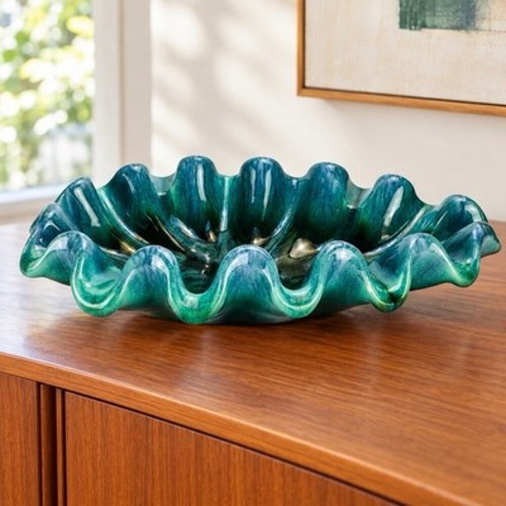 Vintage Royal Haeger R0327 Teal Green Ruffled Console Bowl MCM Pottery